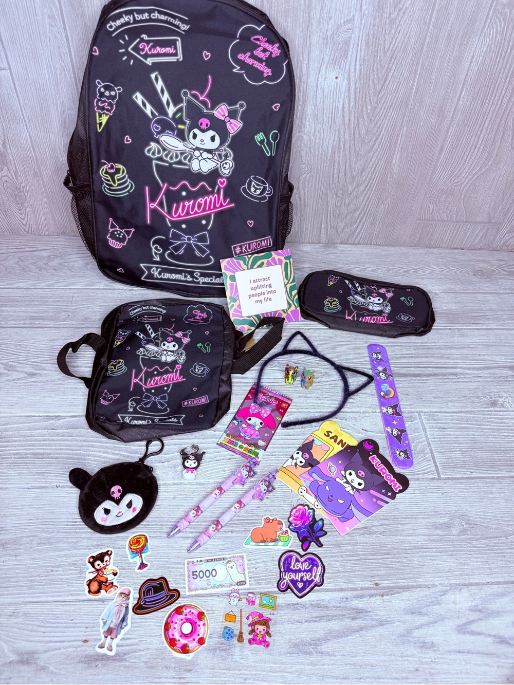 Kuromi backpack bundle pencil case , cards , pens , keychain, stickers note pad